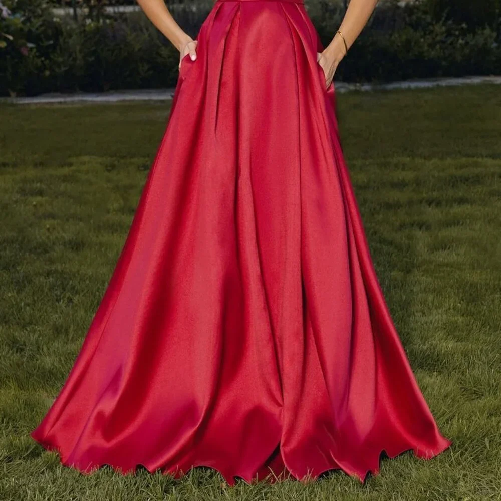 New Burgundy Mikado Sleeveless Dress w/ Pleated Skirt & Side Pockets CD T814